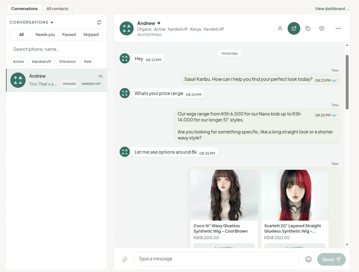 Timi Feed showing a customer conversation with lead qualification