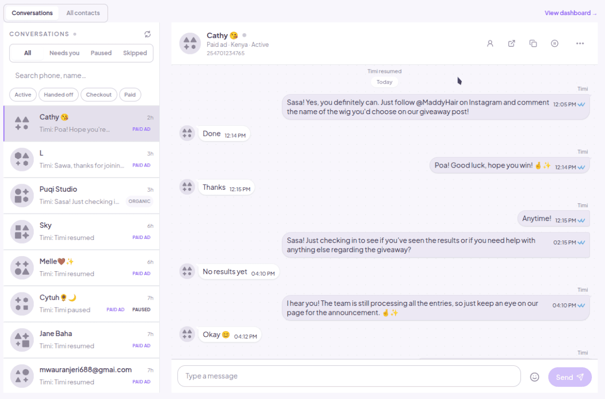 Timi Feed showing a customer conversation with lead qualification