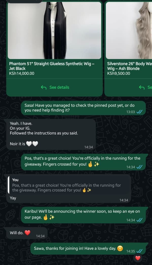WhatsApp conversation on the seller business number
