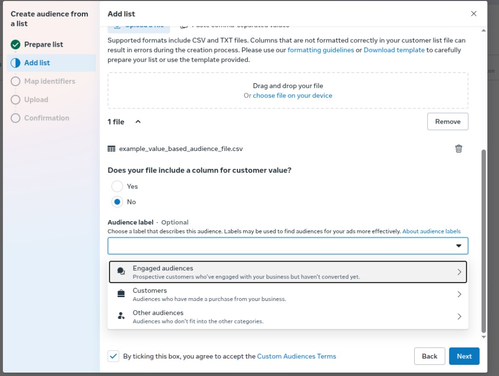 Meta Ads Manager screen for uploading a customer-list file and mapping identifiers